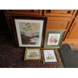 2 Framed and glazed prints and 2 needlework pictures