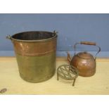 Copper kettle, copper and brass coal bucket and pan stand