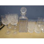 Cut glass decanter with 6 tumblers and  6 wine glasses along with some glassware, china and 2