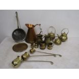 Brass kettles, jugs, measuring cups and pan