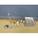 Glass thermometer, box of chandelier pendants and animals etc