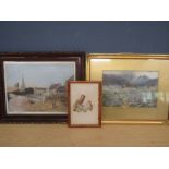G.Bunting watercolour, a watercolour of birds initialled L.J.T and a print of a flower meadow