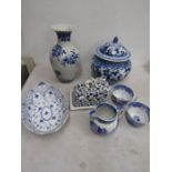 Blue and white china inc Spode, Royal Copenhagen lattice dish, vase and large ginger jar a/f