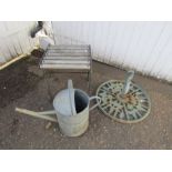 Heavy cast iron parasol base and galvanised watering can etc