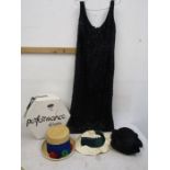 Beaded cocktail dress (size 12/14) along with 3 hats