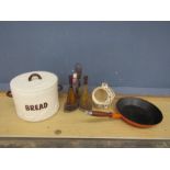 Ceramic bread bin, flavoured oils, salt cellar and cast iron pan