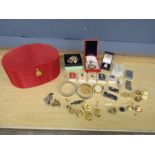 Costume jewellery to include brooches, military items and silver in red jewellery box