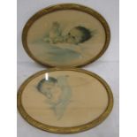 2 prints of babies in oval gilt frames 43x33cm