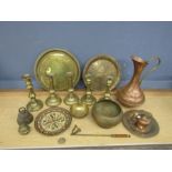 Copper and brassware to include plates, candlesticks and bells etc