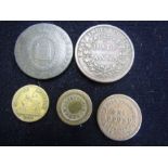 5 tokens Half Anna, East India co - £1 Brimstone Hill co-op, 1 x Monarch auto co, Loyal Suffolk