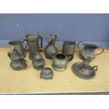 Pewter tankards, candlestick and teapot etc