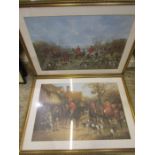 A pair hunting scene prints 'Autumn Morning' and 'Heywood Handy' in matching gilt frames 94x67cm