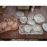 Pink glass vanity set and various glassware