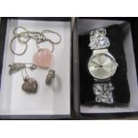 Silver locket and chain, rose quartz heart on silver chain, silver ring and a watch