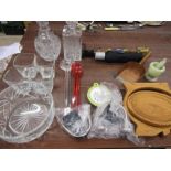 Heavy glass decanters, glasses and sundry items inc onyx pestle and mortar and money box shovel etc
