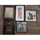 Oriental pictures and peacock made with feathers, box framed
