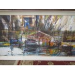 Large mixed media picture of boats 130x70cm