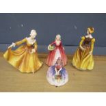 3 Royal Doulton lady figurines and one Coalport