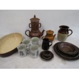Scottish pottery commemorative mugs, glazed teapots, jug and plates etc