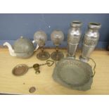 Mixed metalware to include vases and brass candlesticks etc