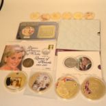 4 Medallions (2 Diana, 2 Elizabeth II) 7cm width. 6 Royal medallion/coins 4cm width all gold