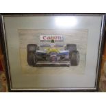 Watercolour Nigel Mansell 1992 victory at Silverstone, signed bottom left 61x50cm