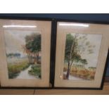 2 watercolours titled 'Surrey Meadows' and 'Pastures Surrey' initialled on painting and pencil