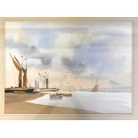 Watercolour landscape coastal scene of sail barges moored on sand banks at low tide