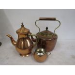 2 copper kettles and sugar bowl