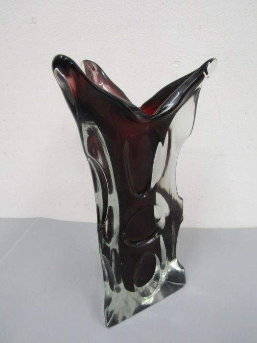 A burgandy glass vase Murano? 30cmH