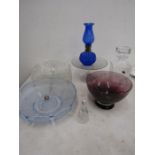 Purple etched bowl, blue glass oil lamp, blue dish, heavy decanter and glass sweet plus some other
