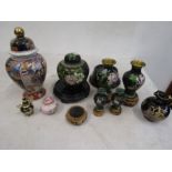 Oriental vase and cloisonné style lidded pots