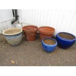 Pair blue glazed pots, 2 terracotta pots and one other