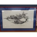 Pencil drawing of a USAF special ops c130 refuelling a helicopter, signed by some of the crew