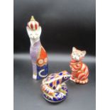 3 Royal Crown Derby paperweights- Abyssian cat, Imari frog and ginger cat all have had repairs