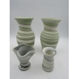 4 studio pottery vases with green swirls 18cmH and blue swirls 9cmH marked on base GF Graham