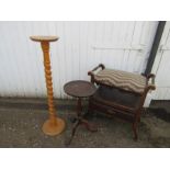 Antique adjusting piano stool, barley twist plant stand and wine table