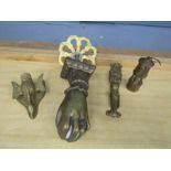 Brass door knockers and miniature miners lamp etc