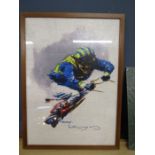 After D. Trundley print on material horse racing jockey with signature bottom right 63x46 framed and