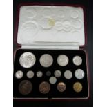 1937 specimen coins in red case inc maundy (part set - penny is 1840 ) plus a  1932 silver 3d