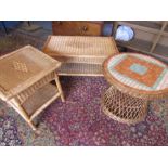 3 wicker tables one with tiled top, a coffee table and occasional table