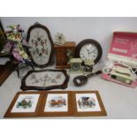 Collectors lot- 2 trays, classic car tiles, vintage hair dryer (display only), clocks, wooden
