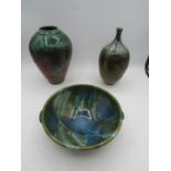 Bruce Chivers pottery peacock glazed vase 22cm, Country pottery glazed bowl and a glazed vessel