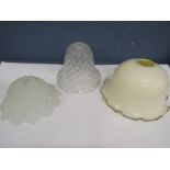 3 vintage light shades, opaque with wavy rim, crystal shade and one opulent glass shade