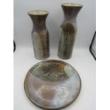 Crich pottery vases and plate  tallest vase 30cm