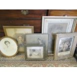 A quantity of portraits in pastel, etchings, watercolour and prints