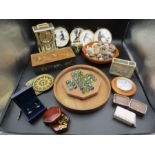 Collectors lot- Persian box, cow bell, clock, solitaire board, polished stones, Hermes and
