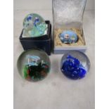 4 paperweights, 2 boxed, one with Chinese design and others with dolphins