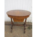 Antique sewing table with inlaid detail and fret worked interior