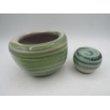 Studio pottery glazed vase and tealight holder with green swirl design tallest 10cm  mark on base
